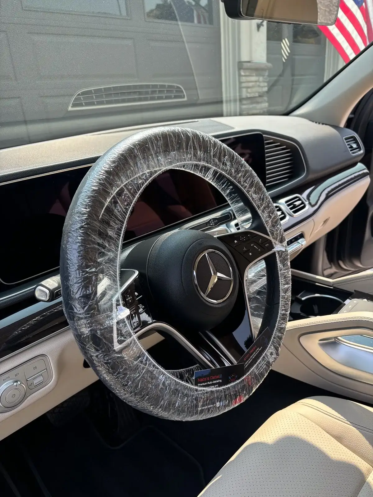 Mercedes-Benz dashboard and wrapped steering wheel after an interior detail